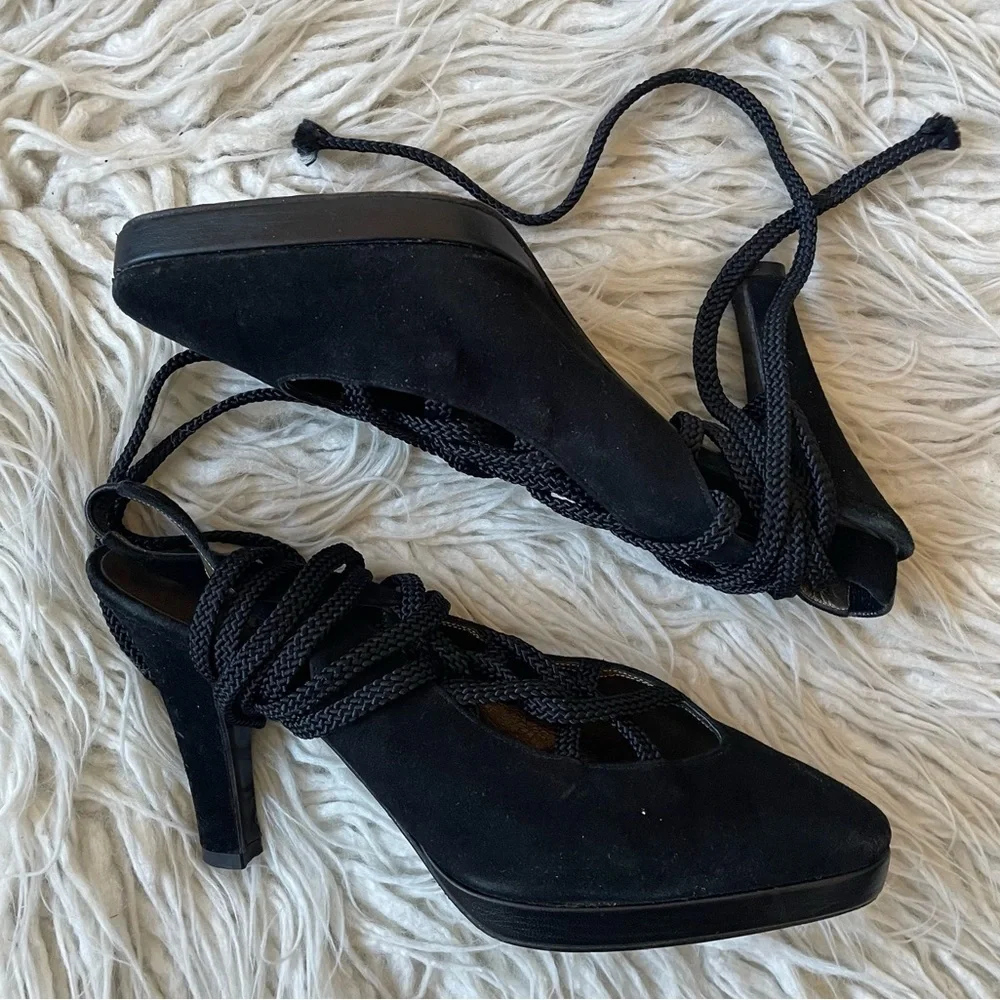 Yves Saint Laurent Dallas Vintage Black Suede Lace Up Ankle Wrap Pumps Size 6.5